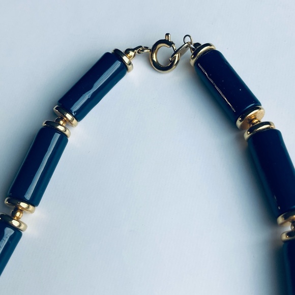 Vintage 2-Sided Japan Necklace Blue Cloisonné-like Design Gold Accents 45cm Long - Picture 5 of 10